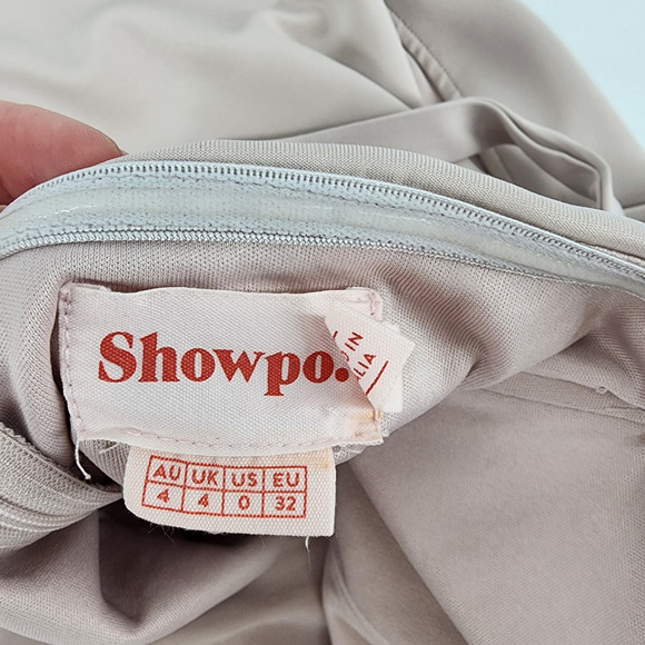 Showpo Common Muse Maxi Dress 0 Tulip Slit Strapless Ties Formal Stone Beige - Picture 6 of 15